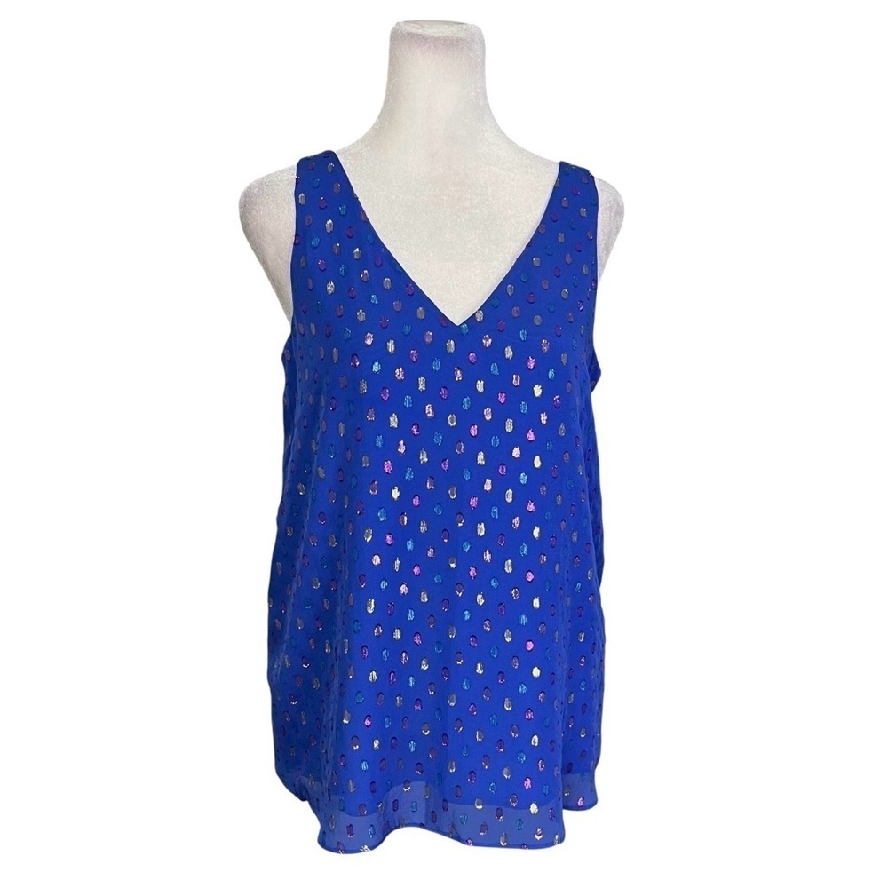 Lilly Pulitzer Blue Florin Silk Sleeveless Vneck Top Metallic Size XS